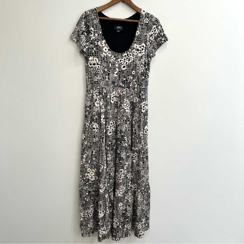 Anthropologie Maeve Catalina tiered maxi dress black cream floral jersey stretch